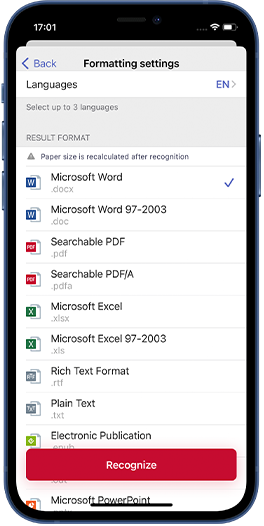 convert PDF to Word, Excel, Searchable from mobile app