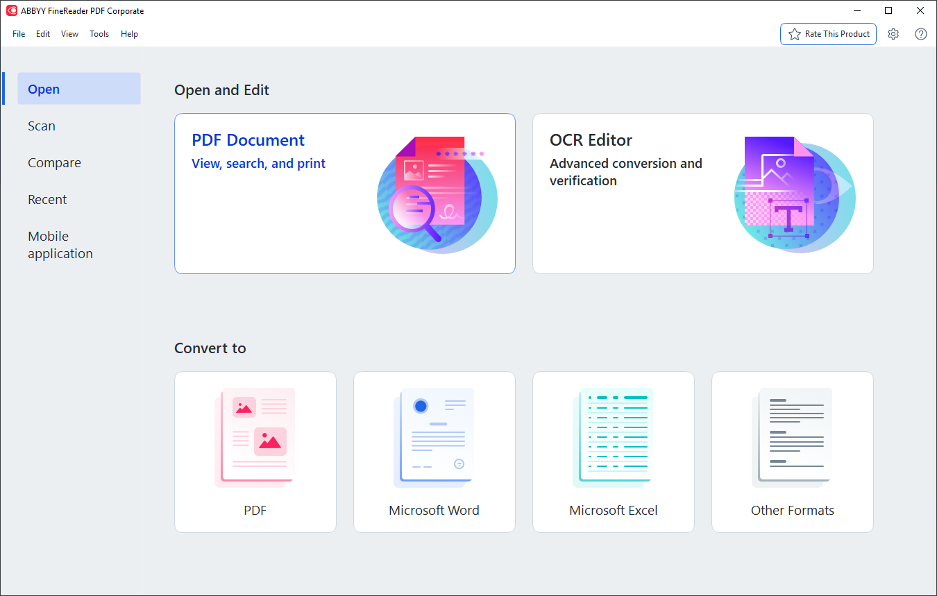 Ouvrir et modifier des fichiers PDF avec ABBYY FineReader PDF 16 - capture d'écran de l'interface de démarrage