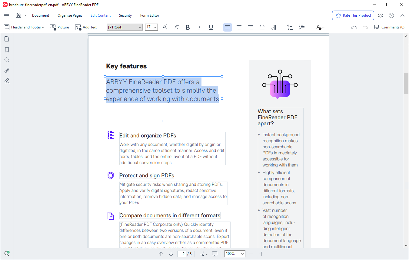 Bearbeiten Sie PDFs mit FineReader PDF 16, der Screenshot zeigt ein Beispiel für ein Bearbeitungsfeld