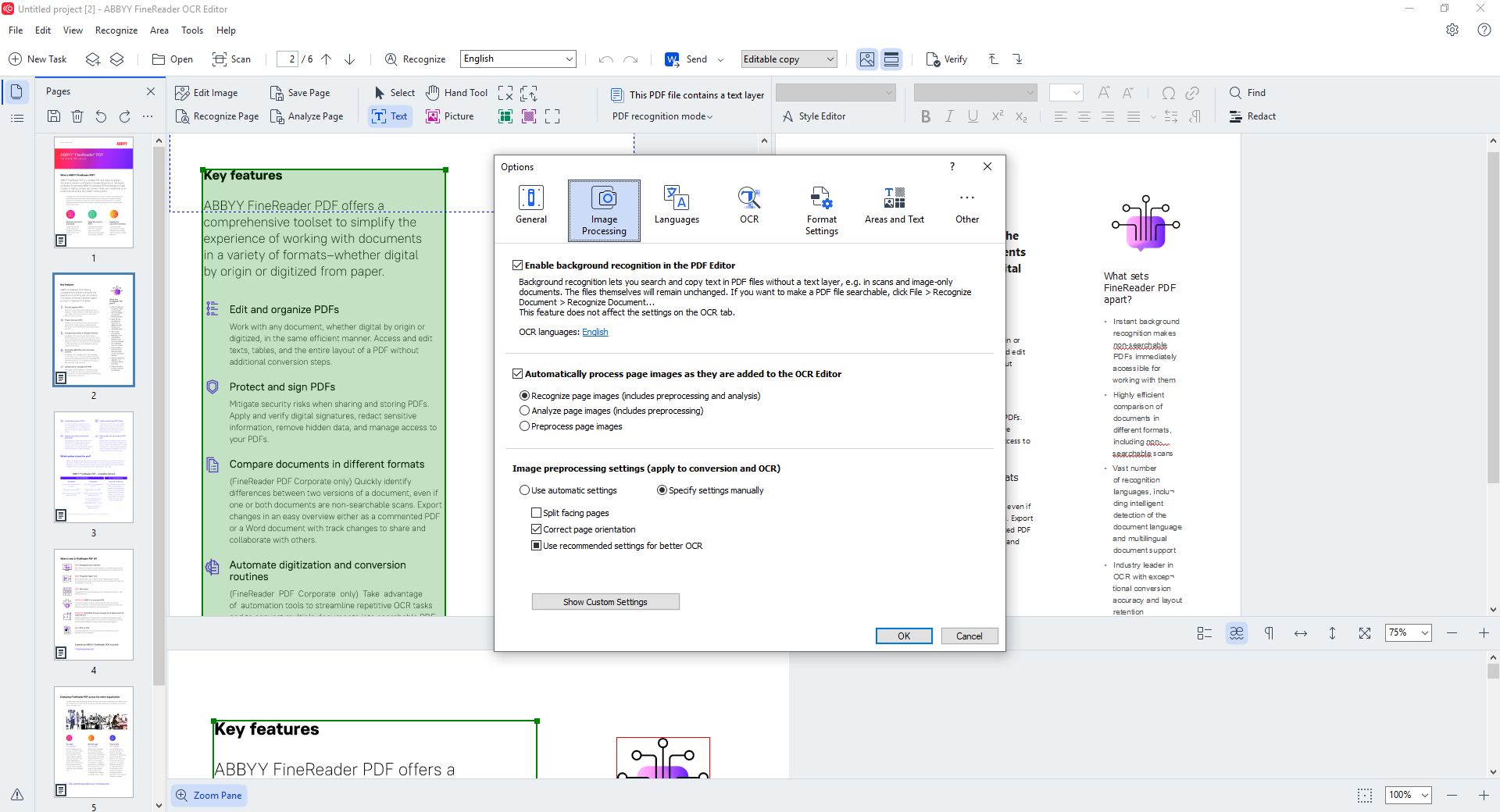 Personnaliser les paramètres OCR sur FineReader PDF 16, exemple de capture d'écran